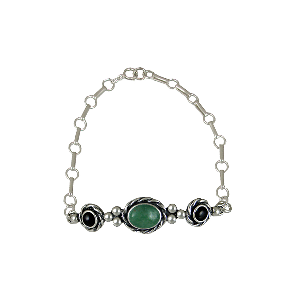 Sterling Silver Gemstone Adjustable Chain Bracelet With Jade And Black Onyx